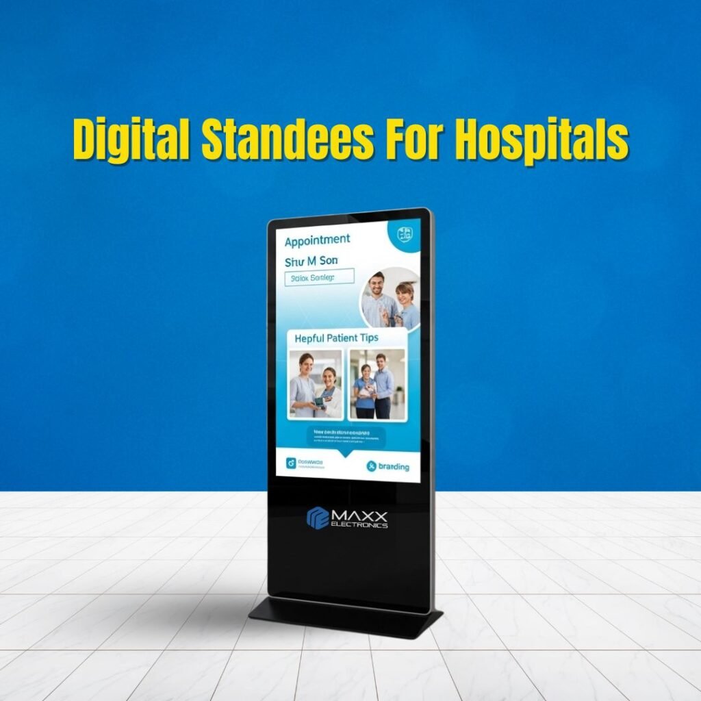 Digital standee for hospitals showing patient tips and appointment info – Maxx Electronics healthcare branding display